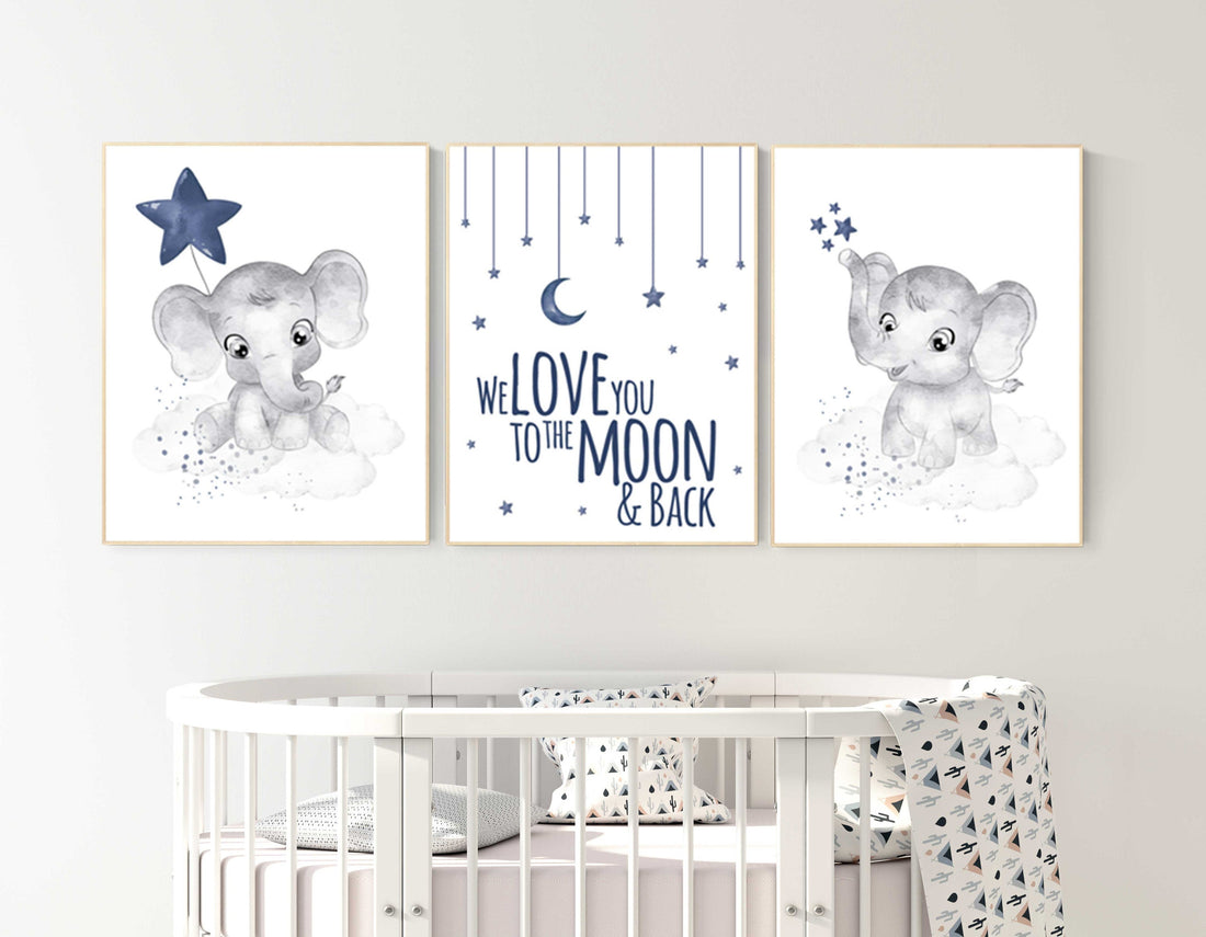 Nursery wall art boy, nursery decor elephant, nursery prints, navy nursery decor, navy blue nursery art, we love you to the moon and back