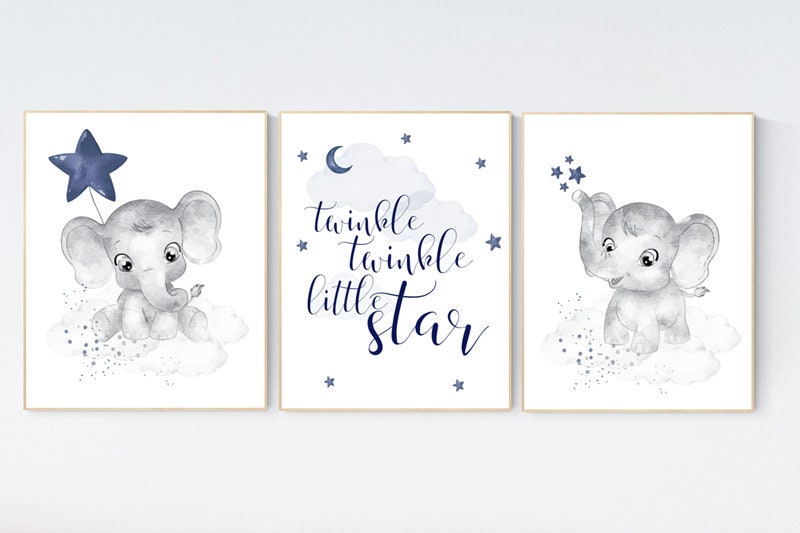 Nursery wall art boy, nursery decor elephant, nursery prints, navy nursery, navy blue, twinkle twinkle little star, nursery prints elephant