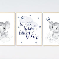 Nursery wall art boy, nursery decor elephant, nursery prints, navy nursery, navy blue, twinkle twinkle little star, nursery prints elephant