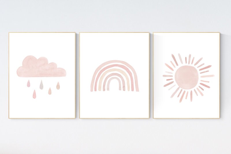 Nursery prints rainbow, Nursery decor girl, nursery wall art, blush pink, moon star, cloud, nursery wall art, light coral, blush, rainbow