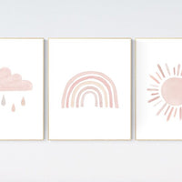 Nursery prints rainbow, Nursery decor girl, nursery wall art, blush pink, moon star, cloud, nursery wall art, light coral, blush, rainbow