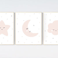 Nursery prints rainbow, Nursery decor girl, nursery wall art, blush pink, moon star, cloud, nursery wall art, light coral, blush, rainbow