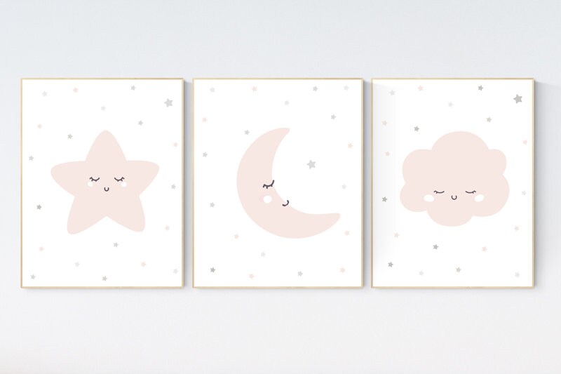 Nursery prints rainbow, Nursery decor girl, nursery wall art, blush pink, moon star, cloud, nursery wall art, light coral, blush, rainbow