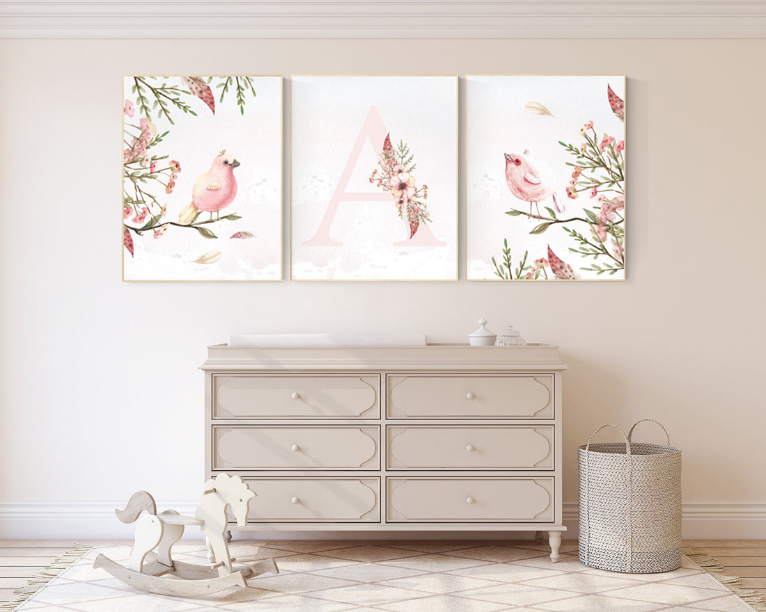 Nursery wall art birds, nursery decor girl flower, Nursery decor girl floral, baby bird nursery, spring theme baby shower, bird nursery art