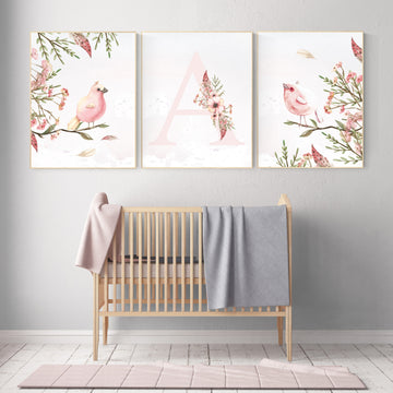 Nursery wall art birds, nursery decor girl flower, Nursery decor girl floral, baby bird nursery, spring theme baby shower, bird nursery art