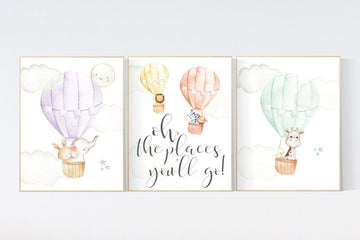 Nursery decor animals, hot air balloon, elephant giraffe, bear, gender neutral, nursery decor twins, animal nursery, neutral, unisex