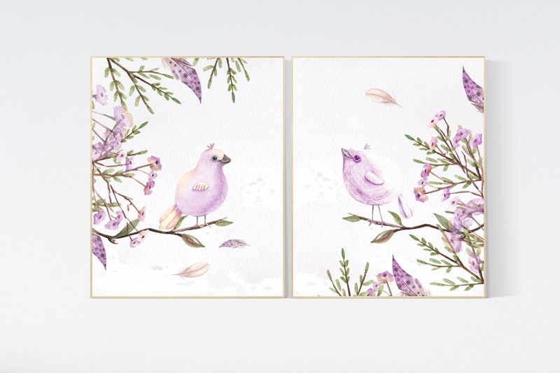 Nursery decor girl floral, lilac, Nursery wall art birds, nursery decor girl flower, baby bird nursery, purple nursery, lavender nursery