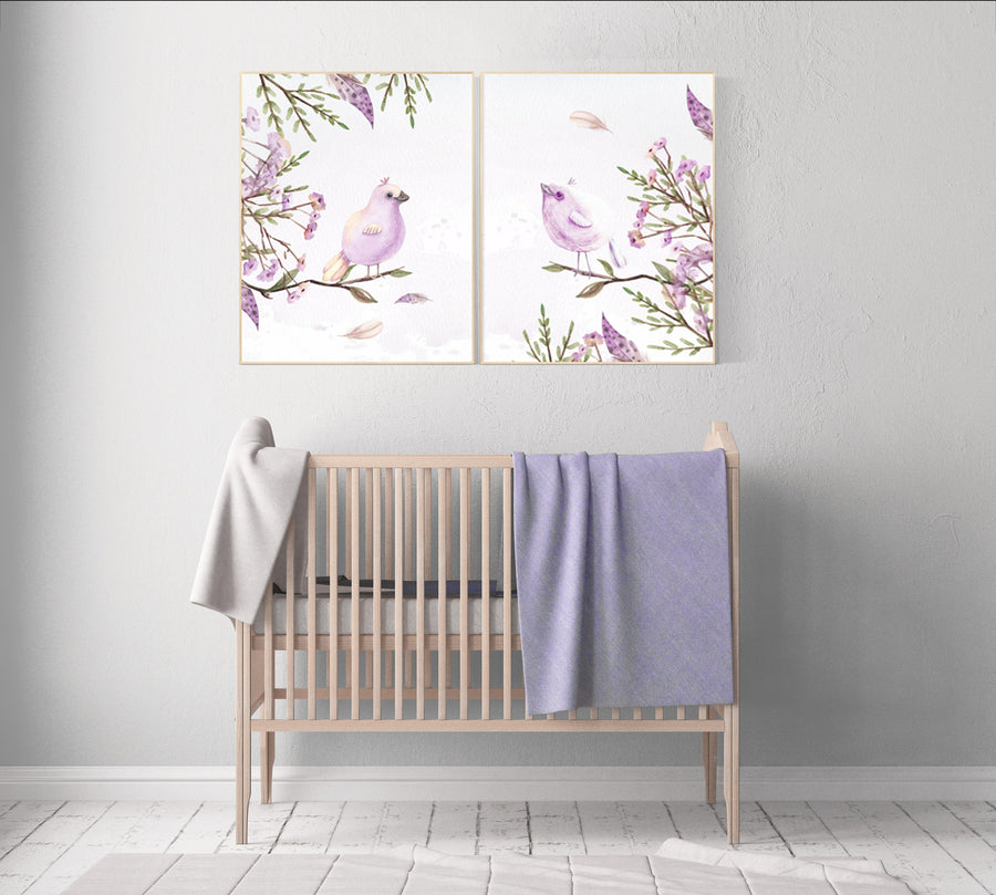 Nursery decor girl floral, lilac, Nursery wall art birds, nursery decor girl flower, baby bird nursery, purple nursery, lavender nursery