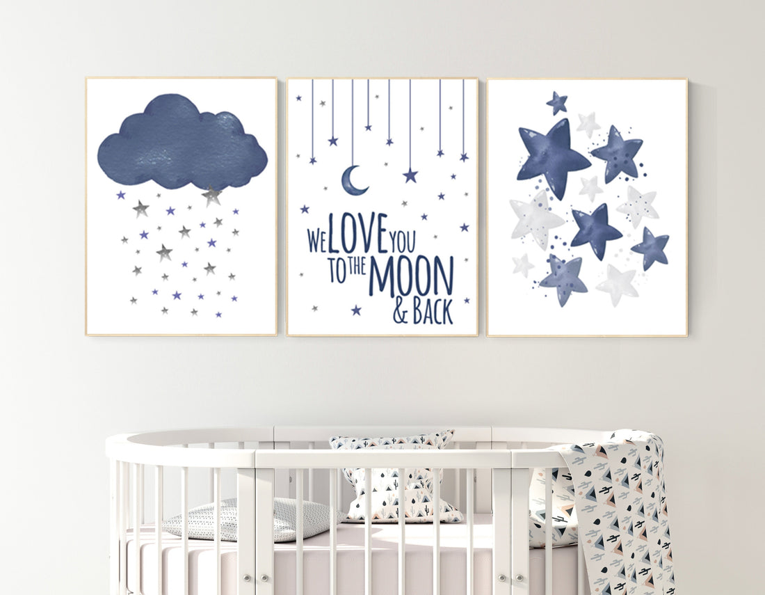 Nursery decor boy navy blue, nursery wall art boy, navy nursery decor, cloud, moon and stars, navy blue nursery art, nursery prints boy