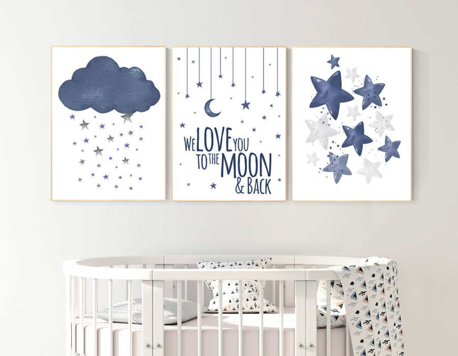 Nursery decor boy navy blue, nursery wall art boy, navy nursery decor, cloud, moon and stars, navy blue nursery art, nursery prints boy