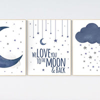 Nursery wall art boy, Nursery decor boy navy blue, navy nursery decor, moon and stars, we love you to the moon and back, nursery prints boy