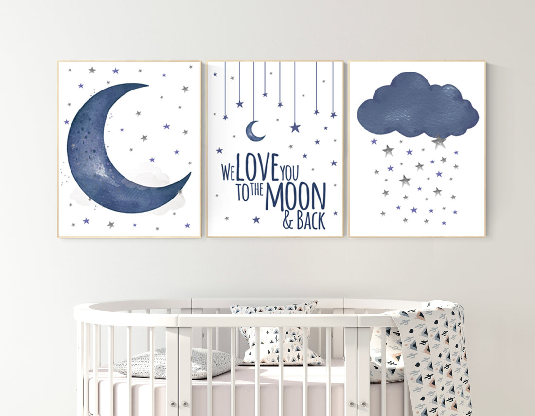 Nursery wall art boy, Nursery decor boy navy blue, navy nursery decor, moon and stars, we love you to the moon and back, nursery prints boy