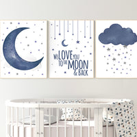 Nursery wall art boy, Nursery decor boy navy blue, navy nursery decor, moon and stars, we love you to the moon and back, nursery prints boy