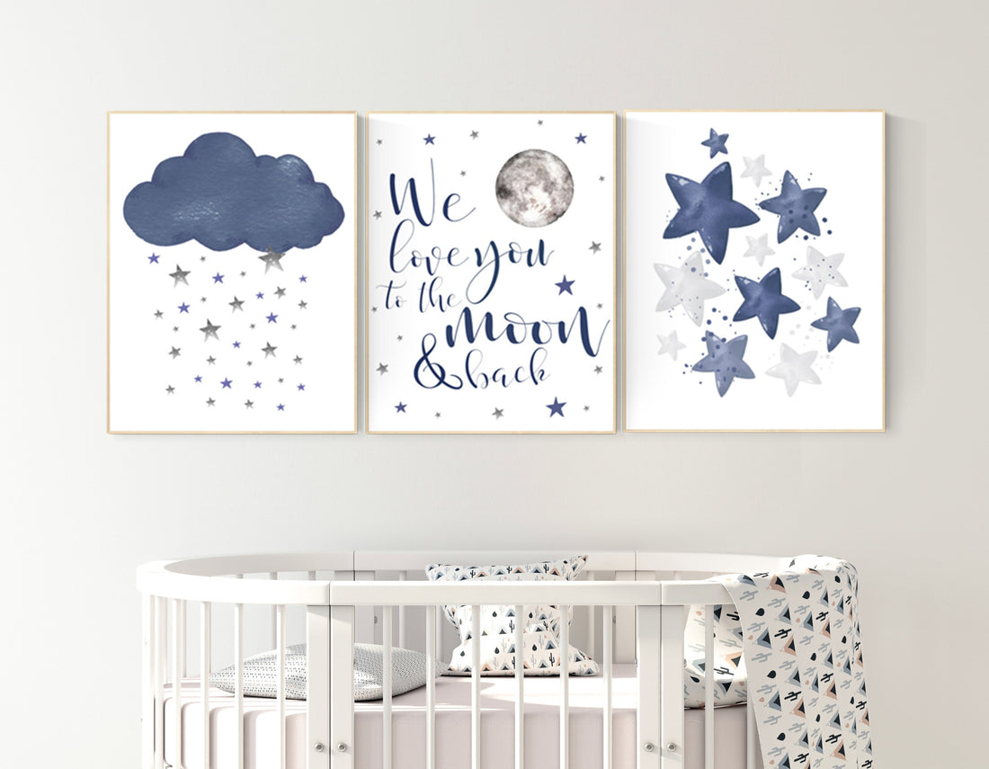 Nursery decor boy navy blue, Nursery wall art boy, navy nursery decor, moon and stars, we love you to the moon and back, nursery prints boy