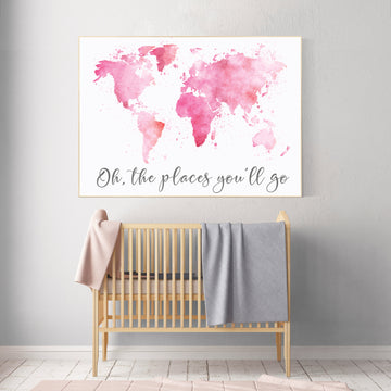 Pink World map watercolor, Oh the places you will go nursery, world map nursery print, nursery art print, nursery decor girl, pink and grey