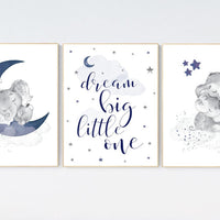 Nursery decor elephant, nursery decor boy navy blue, dream big little one, moon and stars, navy blue nursery art. baby room art, elephant