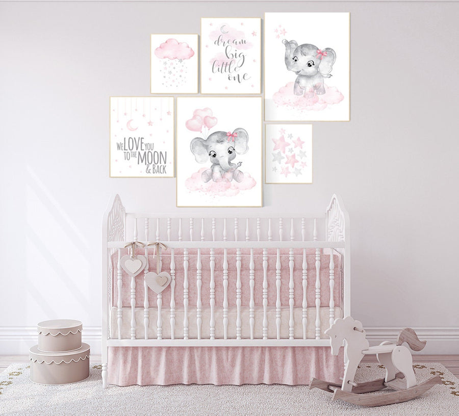 Nursery wall art girl elephant, pink grey, nursery decor girl pink, we love you to the moon and back, moon and stars, baby room decor girl