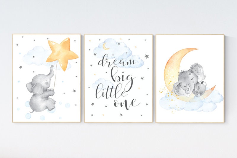 Nursery wall art elephant, dream big little one, cloud nursery decor, Nursery decor neutral, moon and stars, gender neutral nursery prints