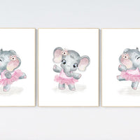 Elephant nursery art, ballerina elephant, baby room decor girl, nursery prints girl, elephant nursery print, pink and gray, ballet theme