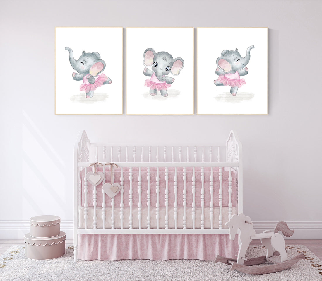 Ballerina elephant, baby room decor girl, Elephant nursery art, nursery prints girl, elephant nursery print, pink and gray, ballet theme