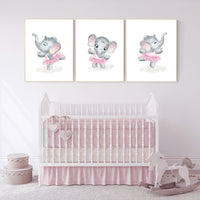 Ballerina elephant, baby room decor girl, Elephant nursery art, nursery prints girl, elephant nursery print, pink and gray, ballet theme