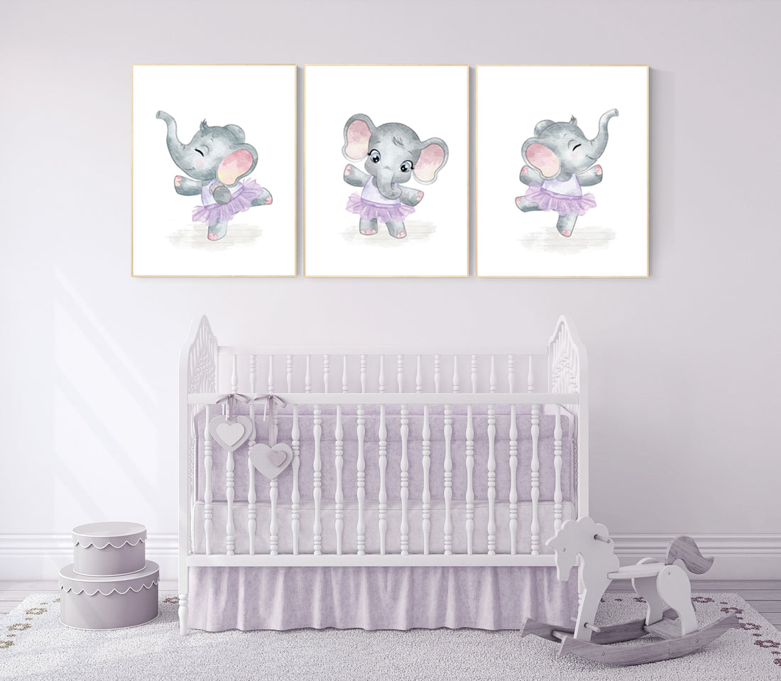 Ballerina elephant, baby room decor girl lavender,, Elephant nursery art, nursery prints girl, nursery print, purple, lilac, ballet theme