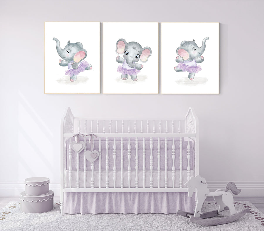 Ballerina elephant, baby room decor girl lavender,, Elephant nursery art, nursery prints girl, nursery print, purple, lilac, ballet theme