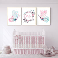 Nursery decor girl butterfly, pink and teal nursery, pink teal nursery, girl room prints, nursery wall decor, butterfly wall art pink