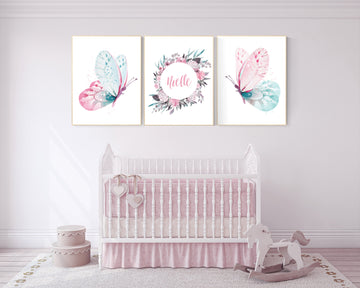 Nursery decor girl butterfly, pink and teal nursery, pink teal nursery, girl room prints, nursery wall decor, butterfly wall art pink