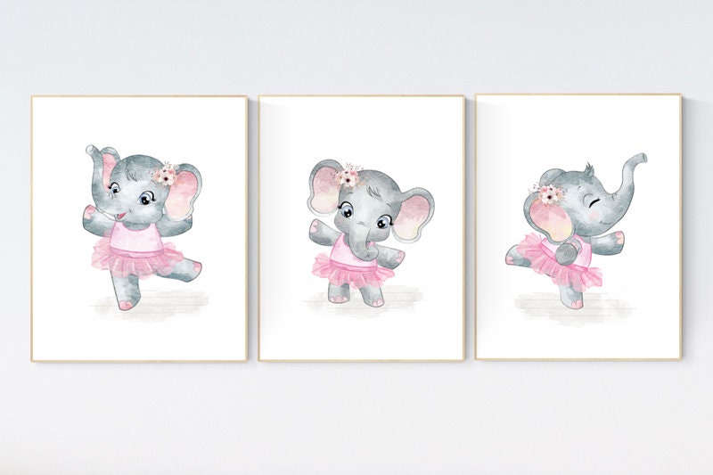 Ballerina elephant, baby room decor girl, Elephant nursery art, nursery prints girl, elephant nursery print, pink and gray, ballet theme