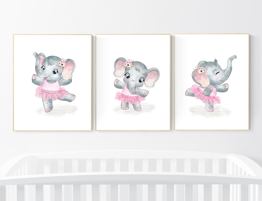 Ballerina elephant, baby room decor girl, Elephant nursery art, nursery prints girl, elephant nursery print, pink and gray, ballet theme