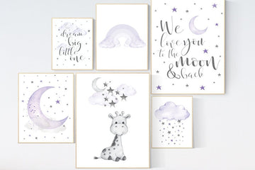 Nursery wall art purple, giraffe, rainbow, nursery decor, giraffe nursery print, nurser decor girl, lilac lavender, moon and back, girl room