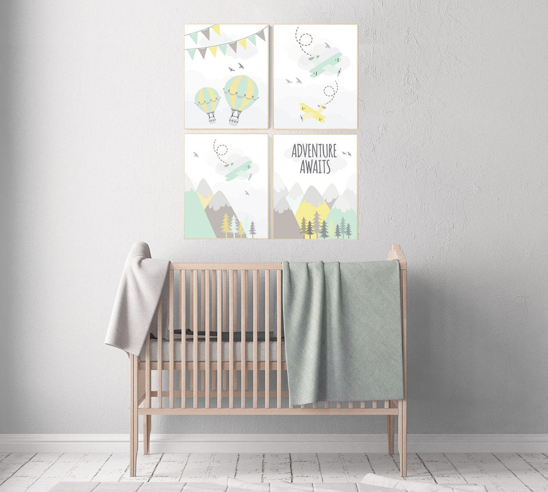 Adventure awaits nursery, gender neutral nursery decor, nursery decor mint yellow, woodland nursery, adventure nursery print hot air balloon