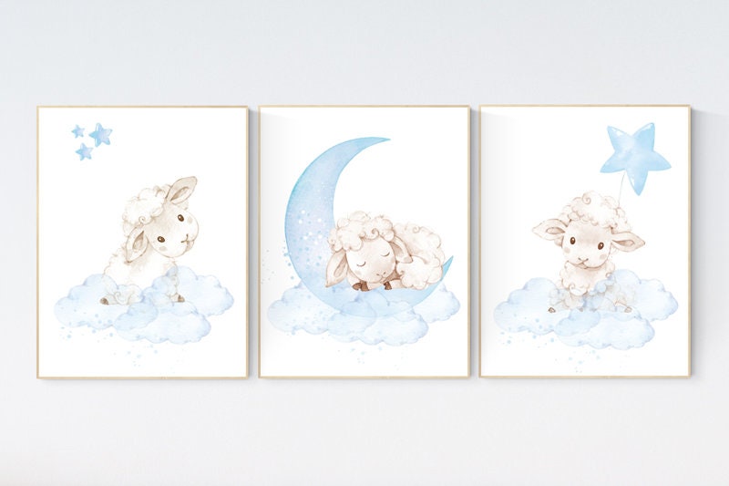 Sheep nursery decor, Nursery decor boy, nursery decor lambs, nursery wall art sheep, moon and cloud wall art nursery, boy nursery decor