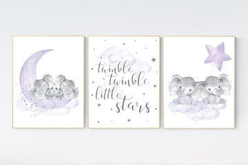 Elephant nursery art, twin nursery, elephant nursery print, lavender nursery, cloud and stars nursery, baby room decor girl, purple nursery