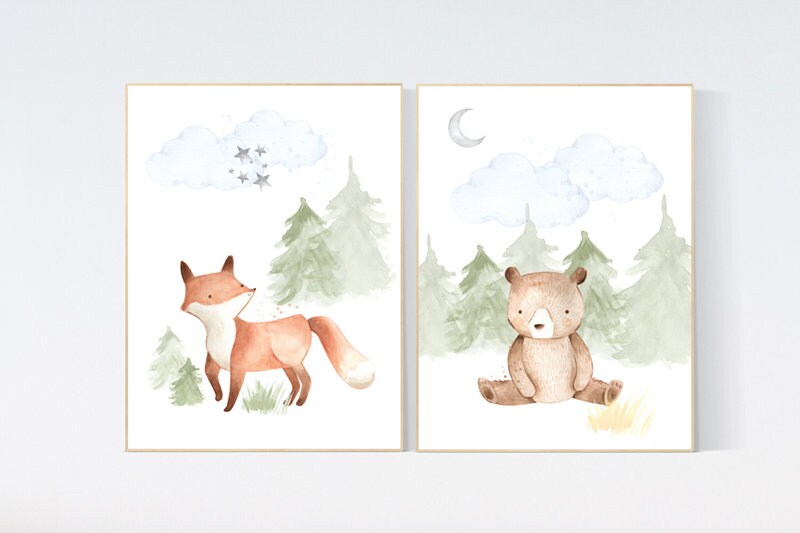 Woodland nursery decor, nursery wall art woodland animals, forest animal prints, gender neutral nursery art, nursery prints woodland animals