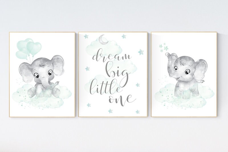 Nursery wall art gender neutral, nursery decor neutral, mint green nursery, elephant nursery decor, mint green elephant animal print nursery