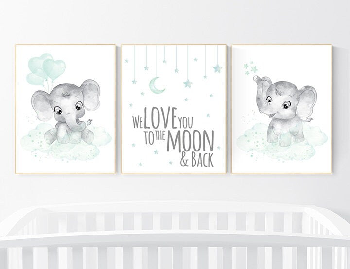 nursery art girl, nursery art boy, nursery art elephant, gender neutral, nursery decor neutral, mint green nursery, mint green, elephant