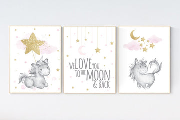 Nursery decor unicorn, baby room decor girl gold and pink, we love you to the moon and back, cloud and stars, nursery wall art unicorn