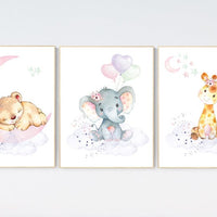 Nursery decor floral jungle, nursery decor animals, Nursery wall art girl elephant, giraffe, bear, pink, purple, girl nursery wall decor