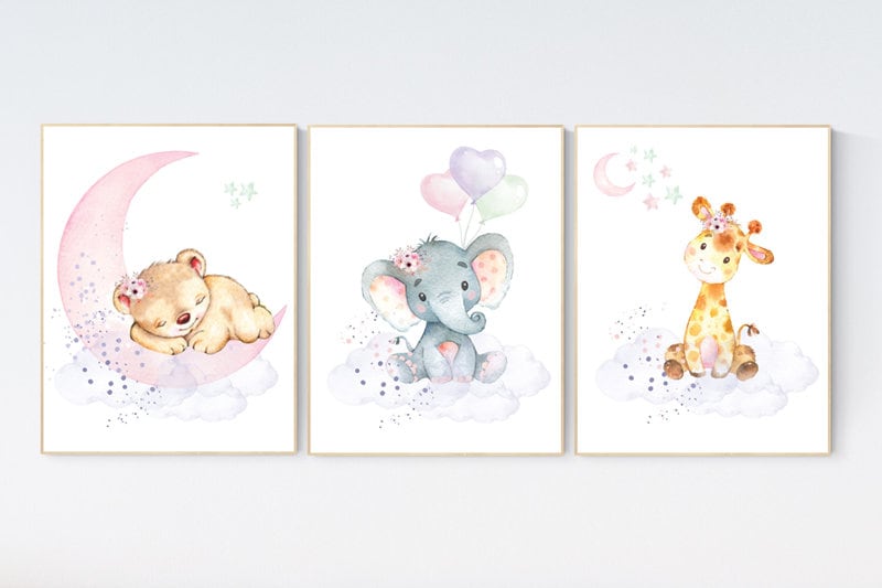Nursery decor floral jungle, nursery decor animals, Nursery wall art girl elephant, giraffe, bear, pink, purple, girl nursery wall decor