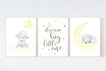 Sheep nursery decor, yellow nursery decor, nursery decor lambs, nursery wall art sheep, moon and cloud wall art nursery gender neutral