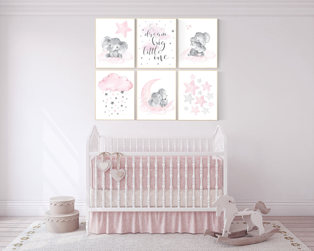 Nursery decor girl, nursery decor elephant, girl room wall art, baby nursery wall art, moon and stars nursery, nursery decor clouds stars
