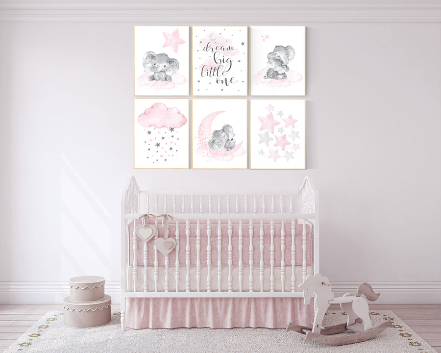 Nursery decor girl, nursery decor elephant, girl room wall art, baby nursery wall art, moon and stars nursery, nursery decor clouds stars