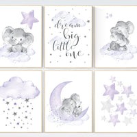 Nursery decor girl lavender, purple nursery wall art, elephant nursery decor, nursery prints animals, nursery prints set, moon and stars