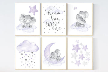 Nursery decor girl lavender, purple nursery wall art, elephant nursery decor, nursery prints animals, nursery prints set, moon and stars
