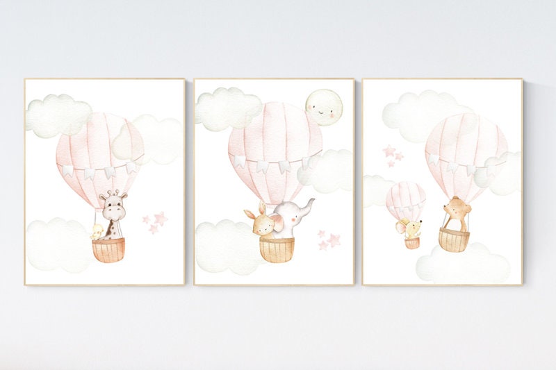 Blush nursery wall art, Nursery decor girl, hot air balloon nursery, blush pink nursery, nursery decor woodland animals, hot air balloon