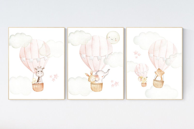 Blush Hot Air Balloon Nursery Art: Woodland Animals Print