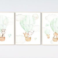 Nursery decor girl green, Nursery decor animals, Hot air balloon , elephant, giraffe, baby bear, bunny, woodland animals, green nursery art