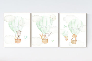 Nursery decor girl green, Nursery decor animals, Hot air balloon , elephant, giraffe, baby bear, bunny, woodland animals, green nursery art